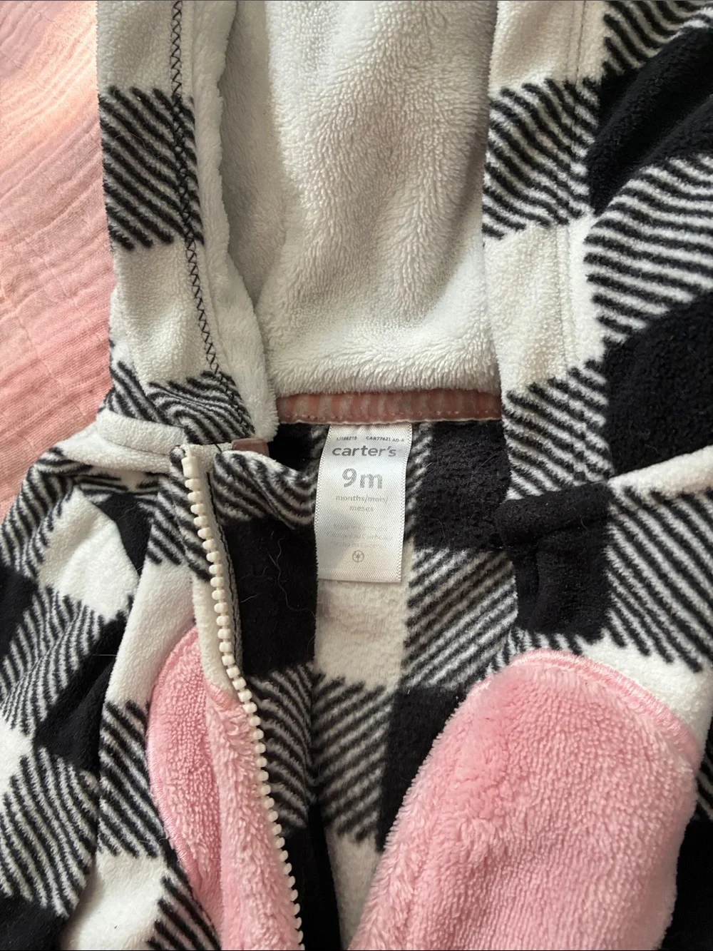 Carter's Black & White Buffalo Plaid Hooded Onesie with Pink Accents